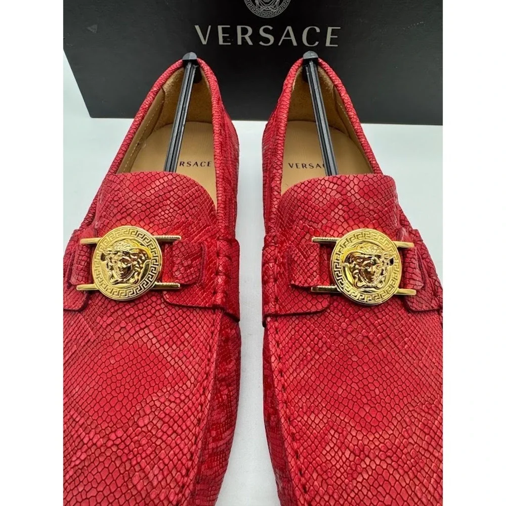 Versace Medusa Driver Loafers‎ Red Python Print Nubuck Mens US 7.5 EU 39 NIB